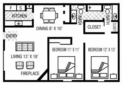 Floor plan for 2 beds, 1.5 baths, 936 sqft